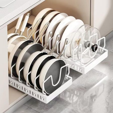 White tiered pull-out organizer basket for pots and lids
